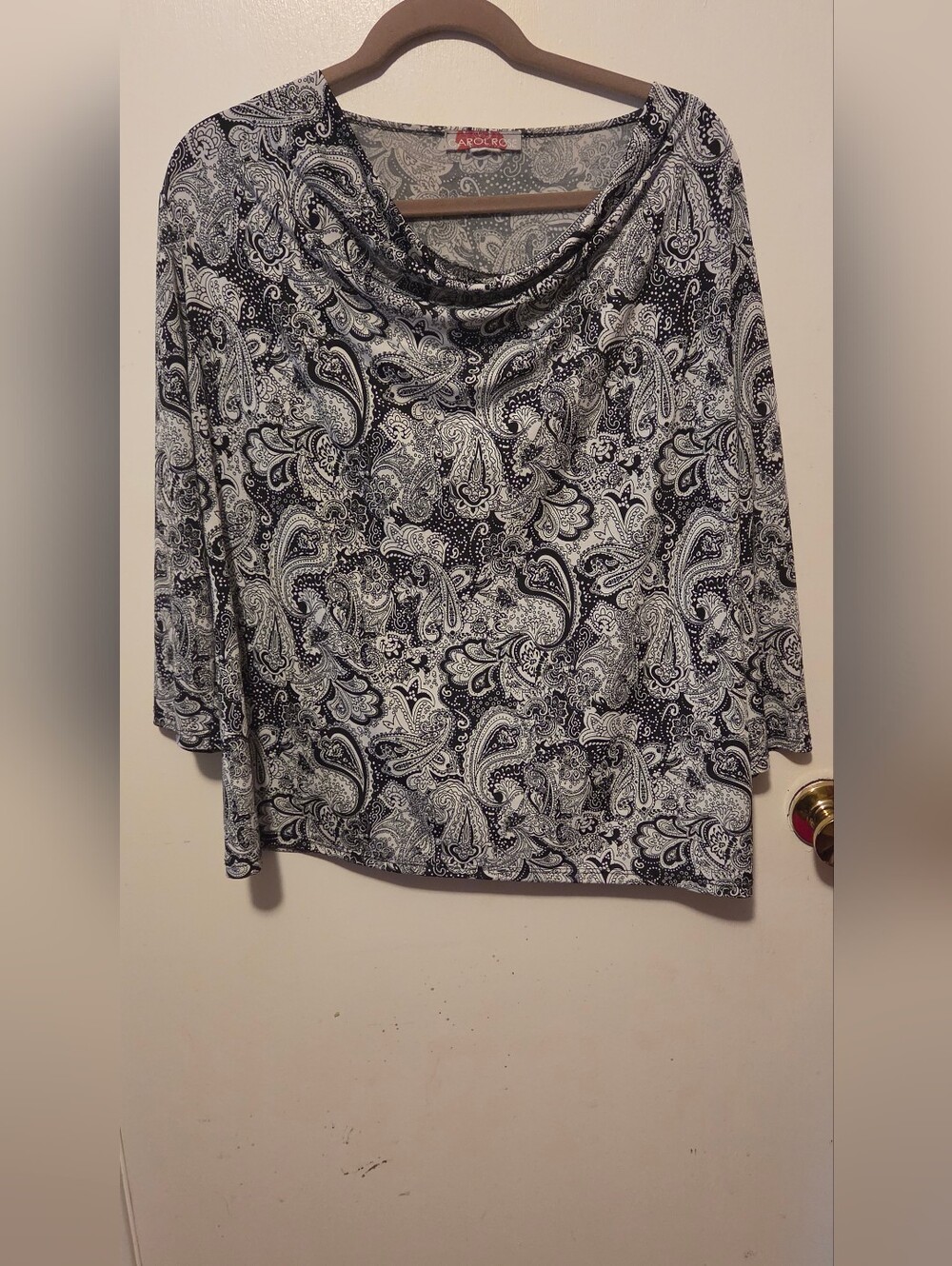Women's Black & White Paisley Cowl Neck Top